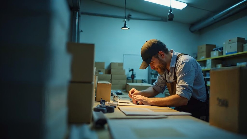 A warehouse worker taping shipping boxes under strip lighting in a small fulfilment room, photographed in Richmond