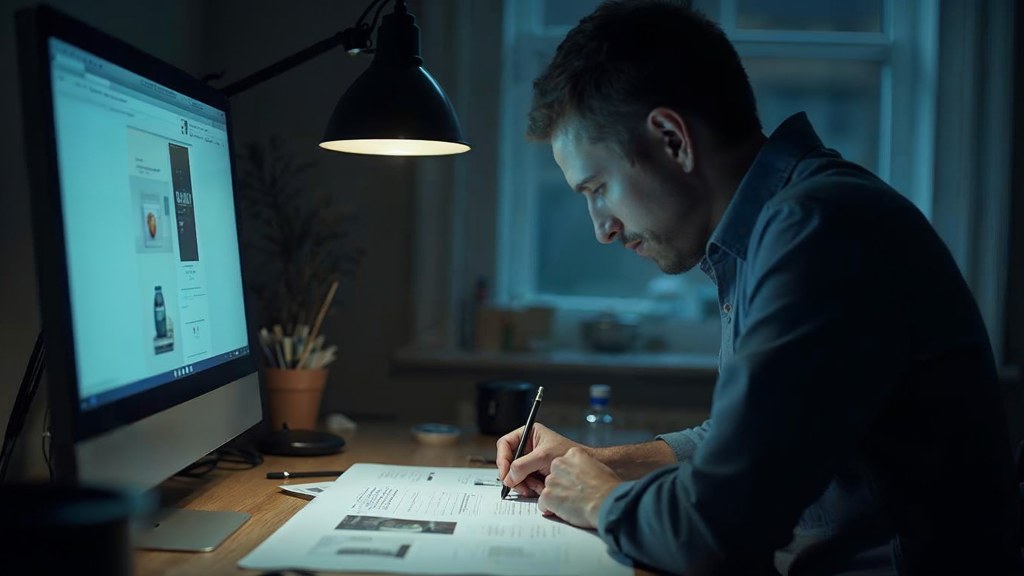 A studio designer sketching a page layout on paper beside a monitor in a dim room, photographed in Richmond
