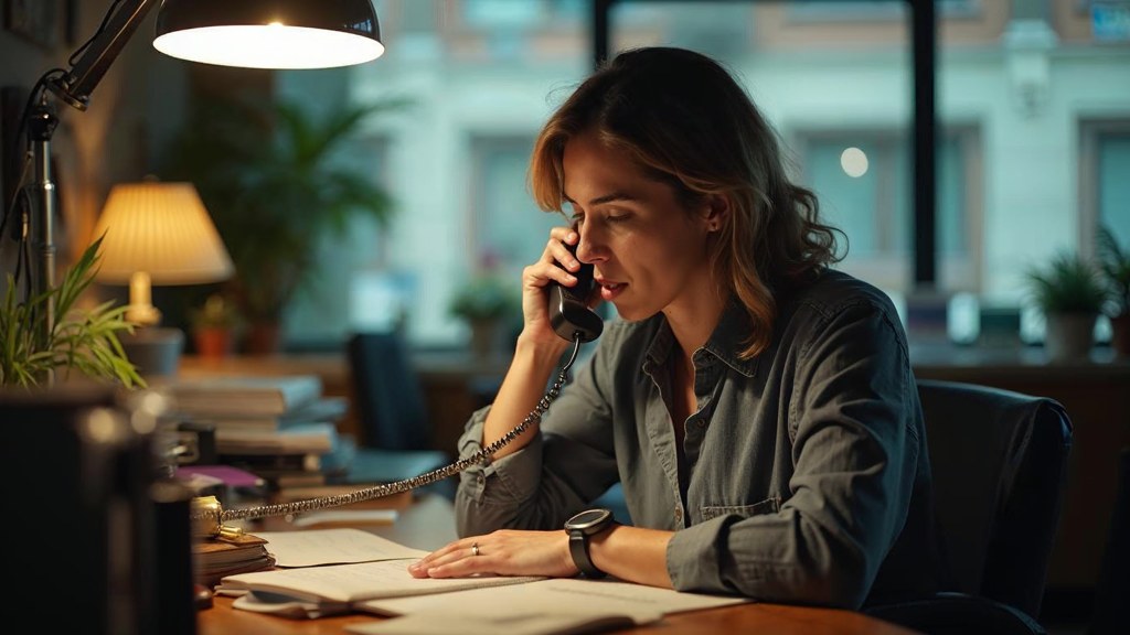 An office manager at a cluttered desk with a landline handset tucked under one ear, photographed in Richmond