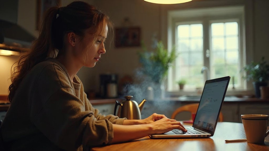A service-business owner at a kitchen table typing a question into a laptop while a kettle steams behind, photographed in Richmond