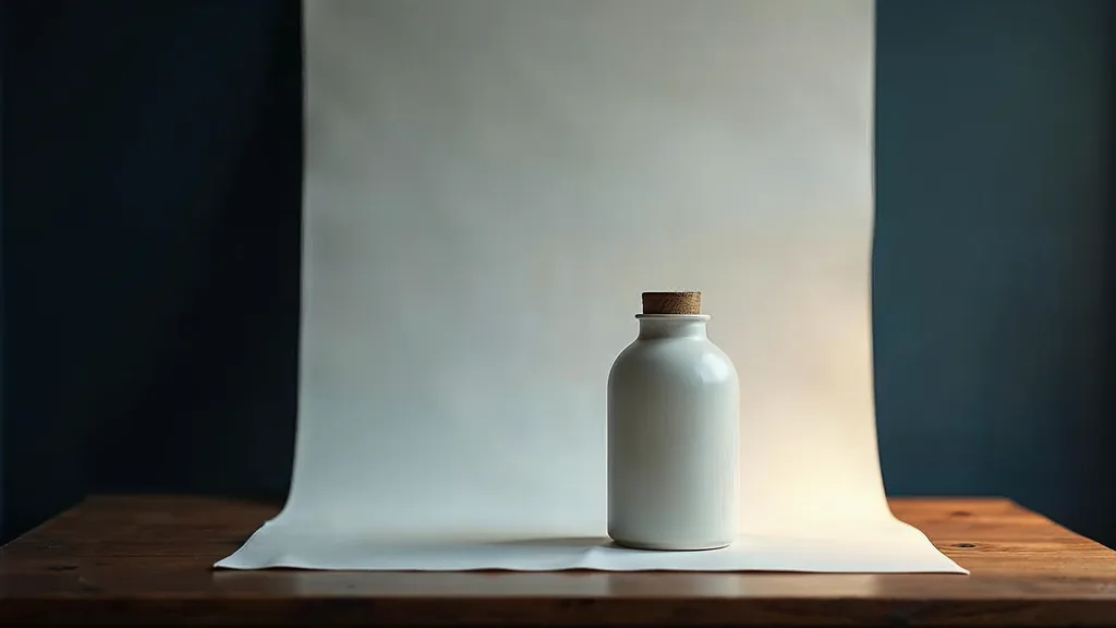 A small tabletop product photography setup with a white sweep backdrop and a plain unbranded ceramic bottle on a dark wood surface in soft daylight, no people, no text, no signage
