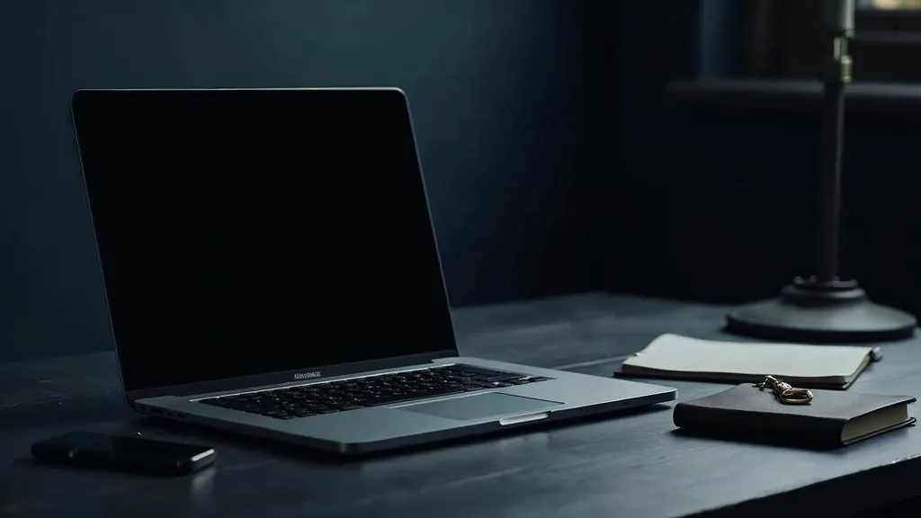 A closed laptop and a blank unlit monitor on a dark slate desk beside a small brass key and a notebook in cool morning light, no people, no text, no signage
