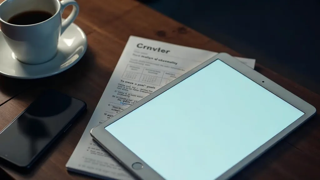 A smartphone face down beside a blank unlit tablet, a printed content calendar page and a coffee cup on a dark walnut desk in soft daylight, no people, no text, no signage