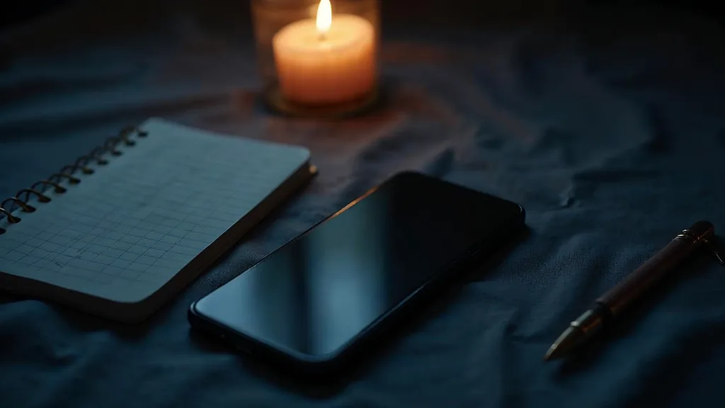 A smartphone lying face up with a blank dark screen on a dark linen surface beside a notebook and a pen in warm low evening light, no people, no text, no signage