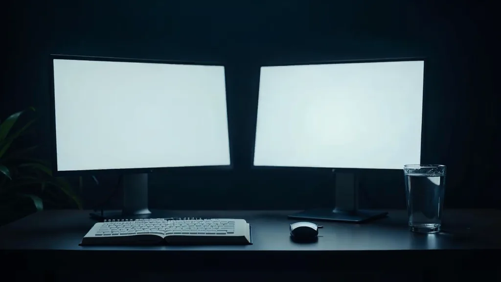Two blank unlit monitors angled on a dark desk beside a closed notebook and a glass of water in cool overcast light, no people, no text, no signage