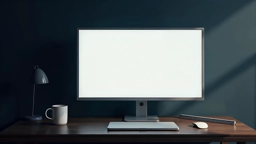A blank unlit widescreen monitor and a closed laptop on a dark walnut desk beside a ceramic mug and a folded steel ruler in soft directional daylight, no people, no text, no signage