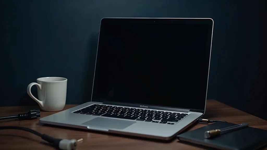 An open laptop showing a blank dark screen on a dark walnut desk beside a coiled ethernet cable, a small screwdriver and a ceramic mug in soft directional daylight, no people, no text, no signage