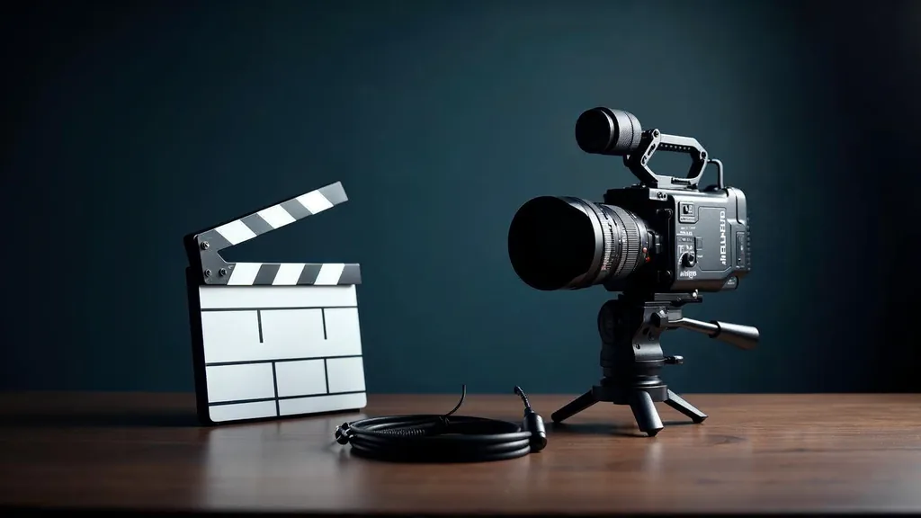 A cinema camera body on a small tripod beside a clapperboard with a blank slate and a coiled XLR cable on a dark walnut surface in soft directional daylight, no people, no text, no signage