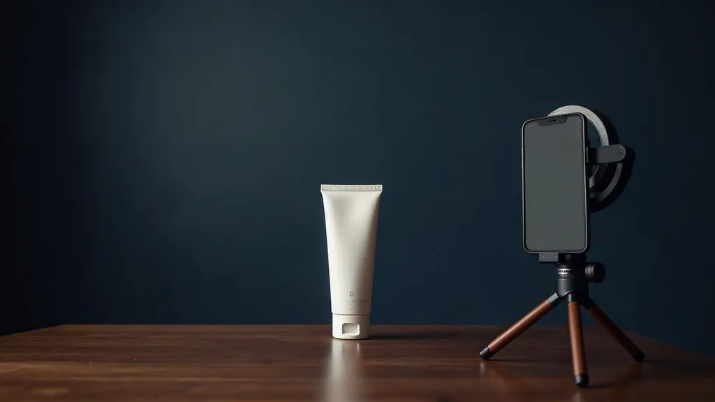 A smartphone clamped in a small tripod ring light facing a plain unbranded cosmetic tube on a dark walnut desk in soft directional daylight, no people, no text, no signage