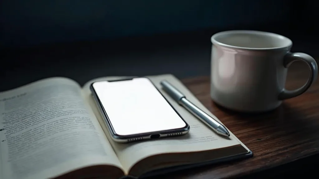 A blank unlit smartphone lying on an open notebook beside a ceramic mug on a dark walnut desk in soft directional daylight, no people, no text, no signage