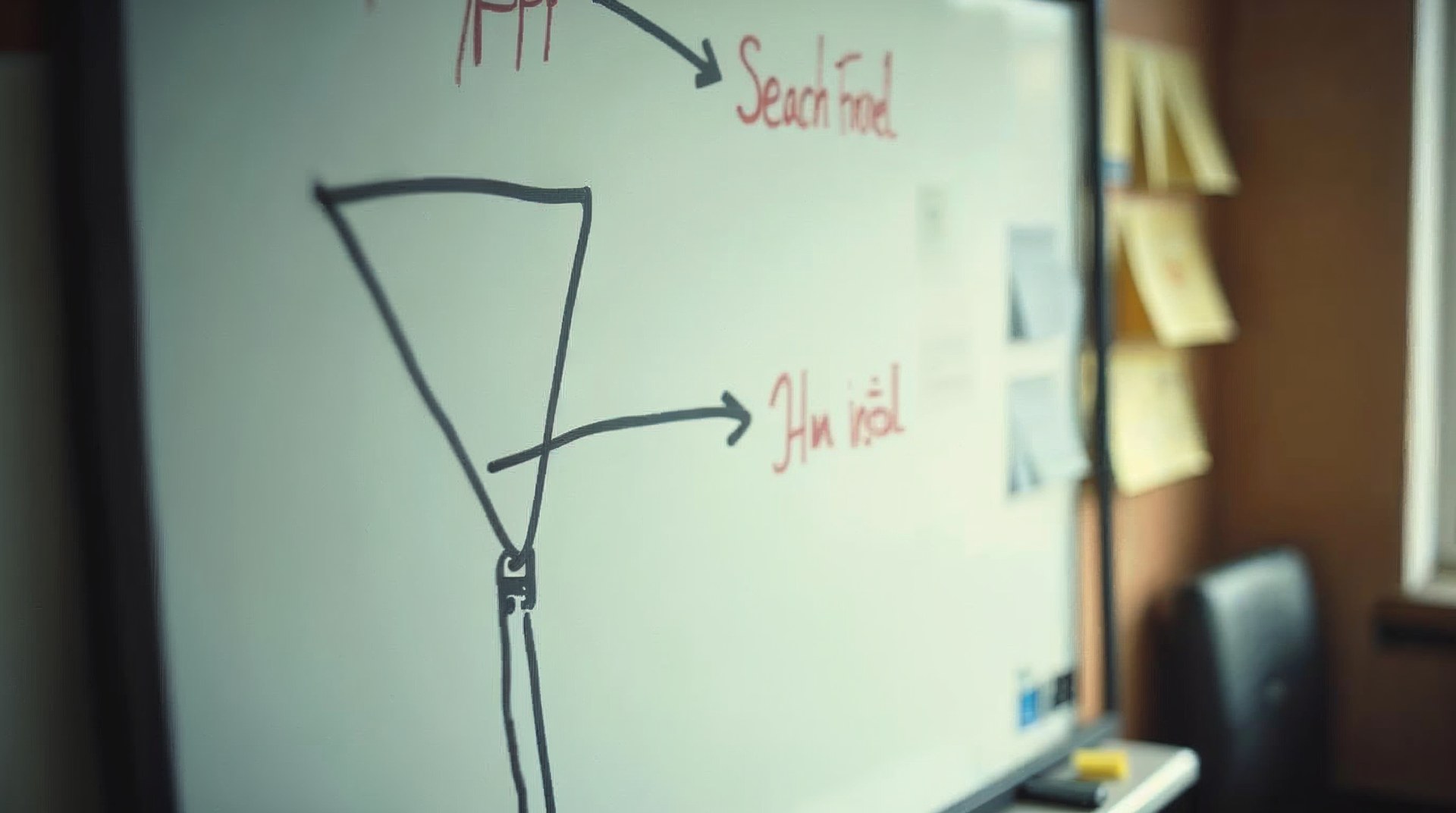 Whiteboard with a hand-drawn funnel from App Store search to install