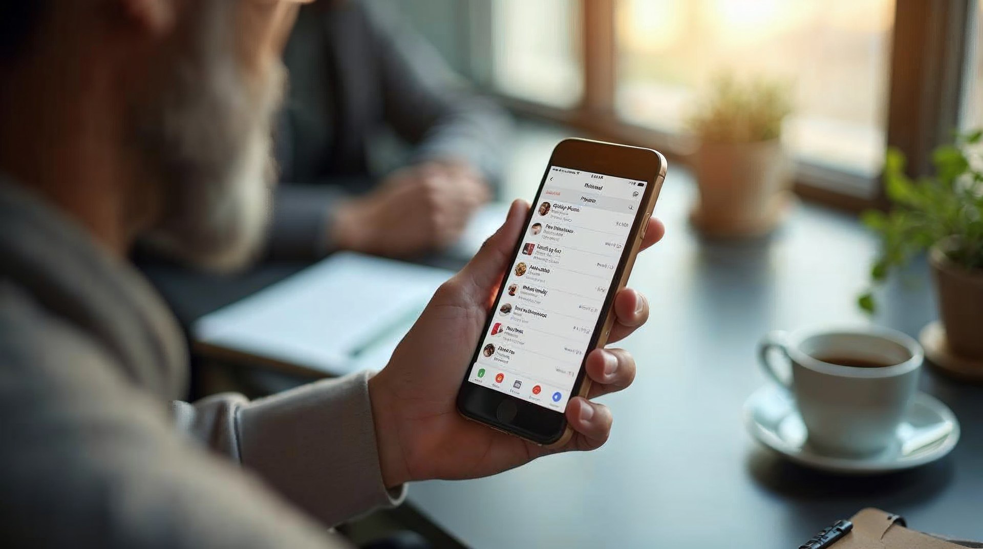 Marketer holding an iPhone showing App Store search results beside a notebook of keyword lists