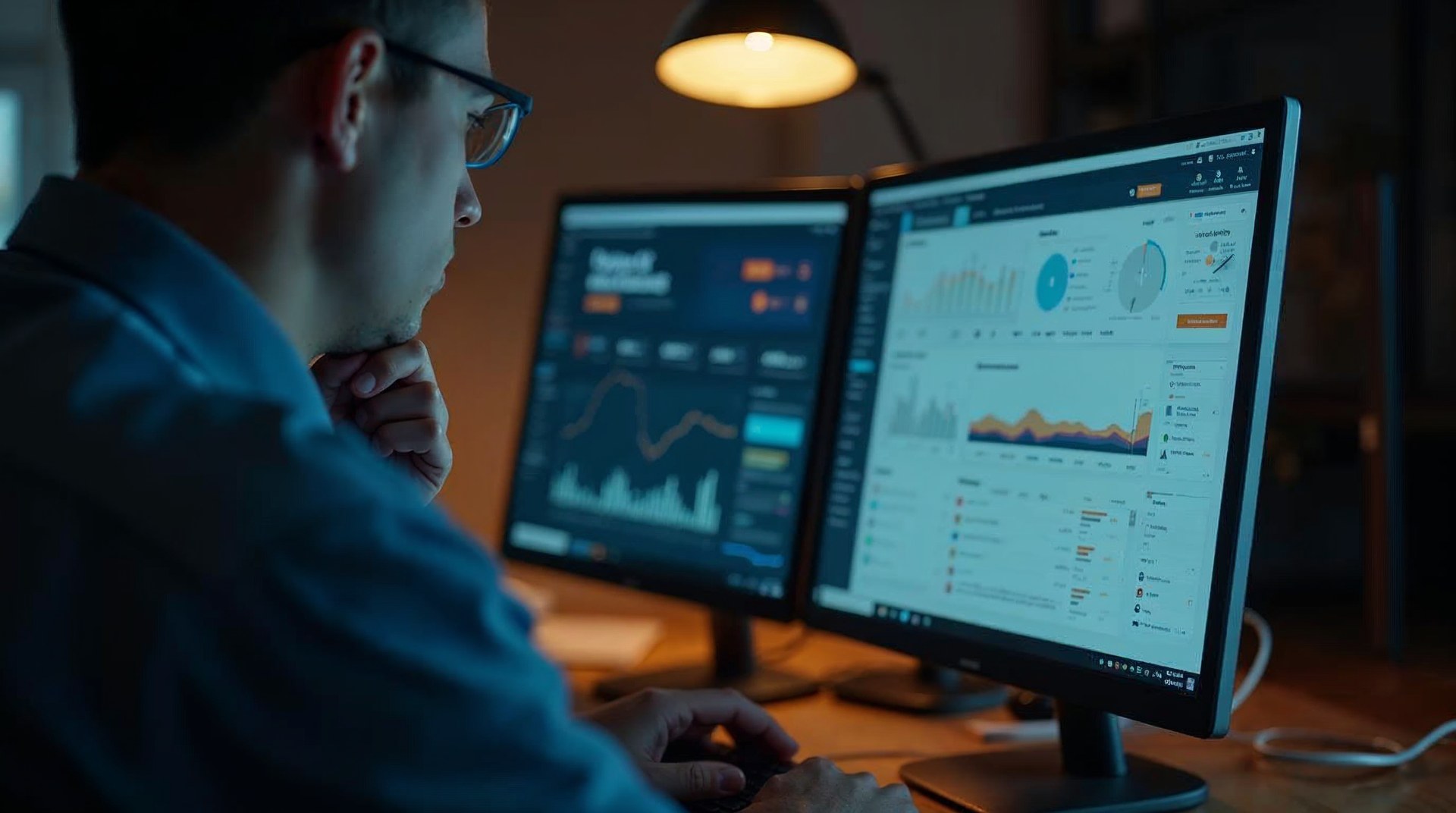 Analyst comparing two laptop screens showing conflicting marketing dashboards