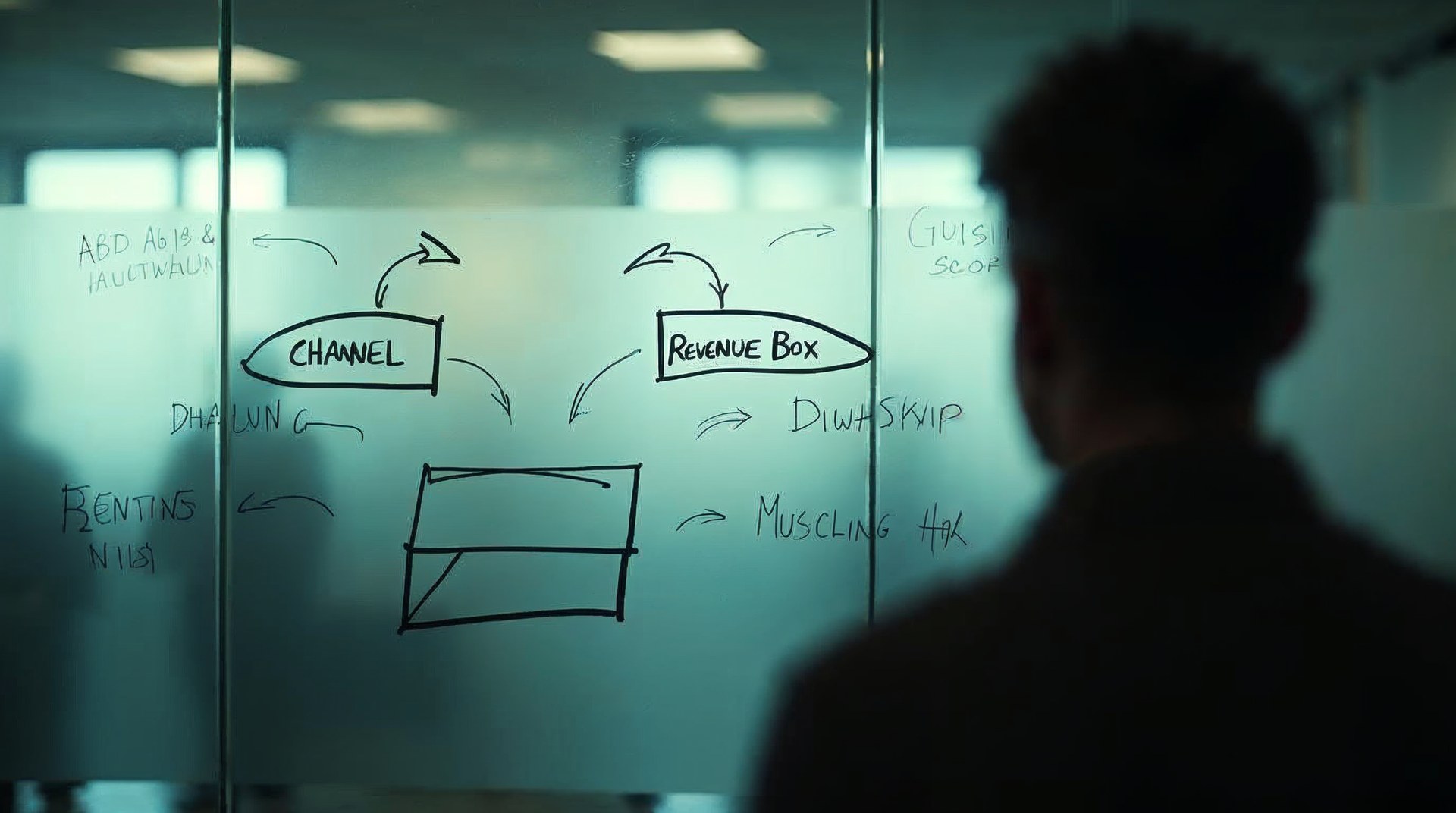 Glass wall of dry-erase arrows connecting channel names to a single revenue box