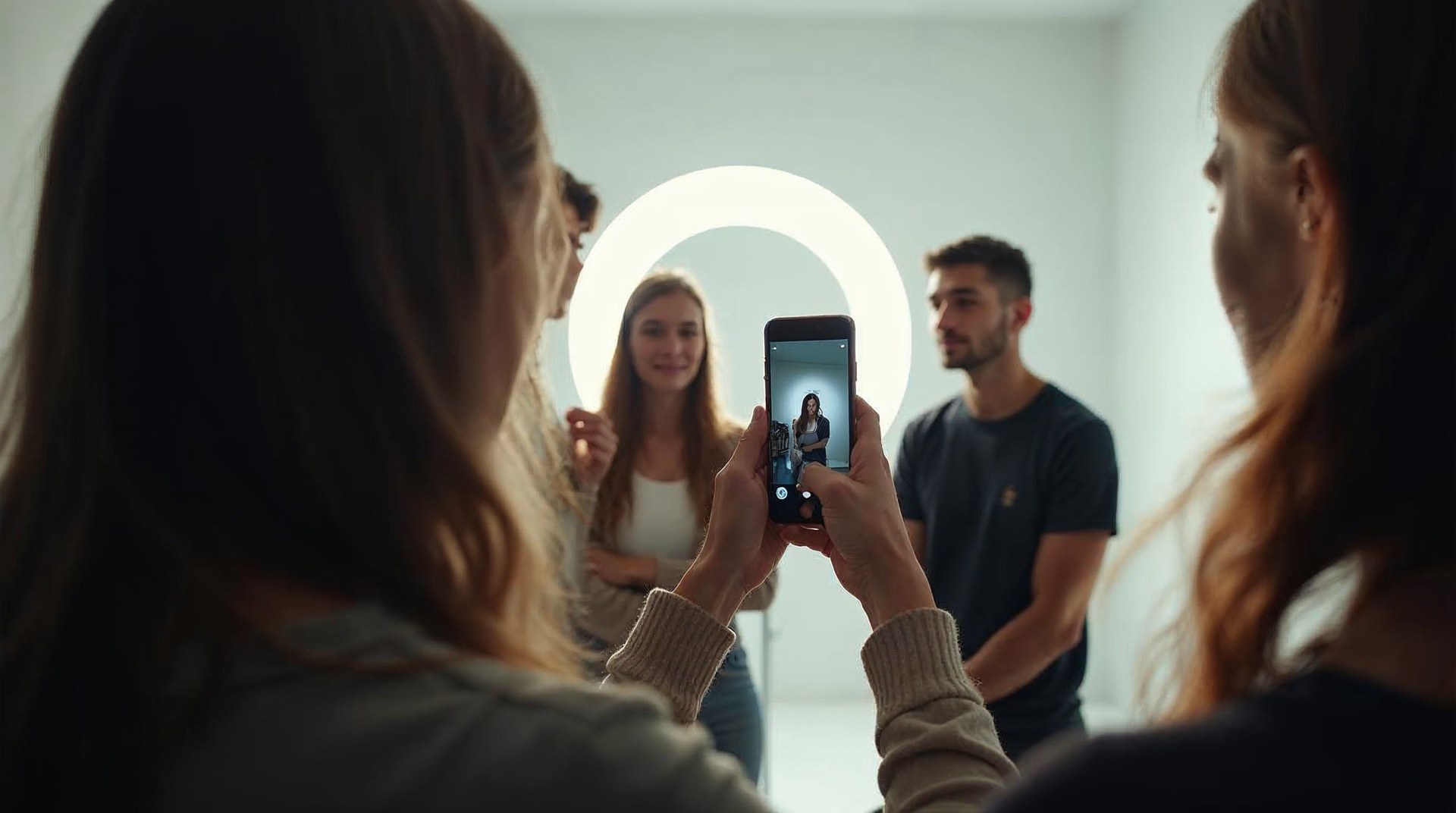 Brand ambassadors filming a short phone video of a product in a bright studio corner