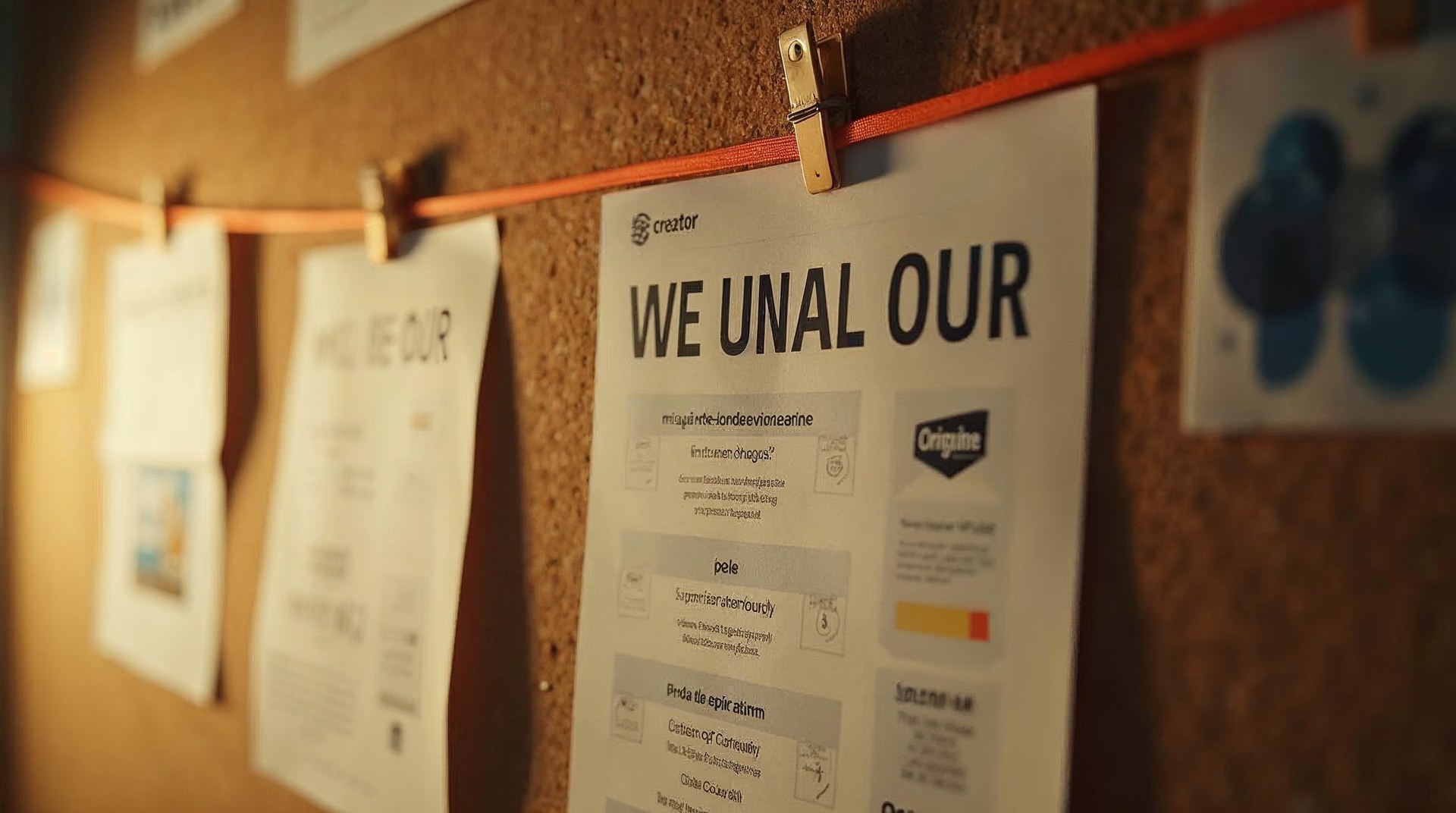 Corkboard of printed creator posts pinned in a grid linked with orange string