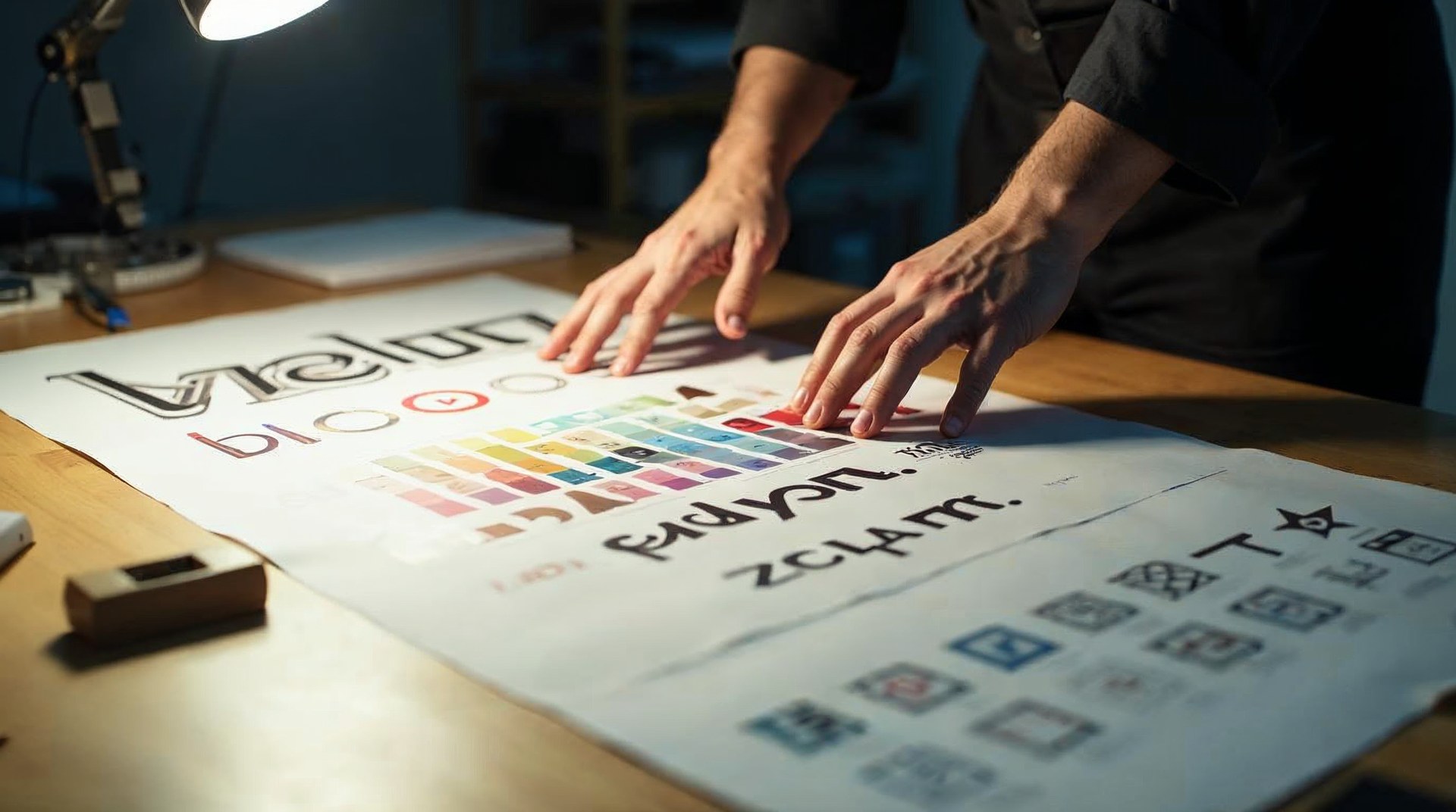 Designer arranging printed logo variations and colour swatches on a studio table