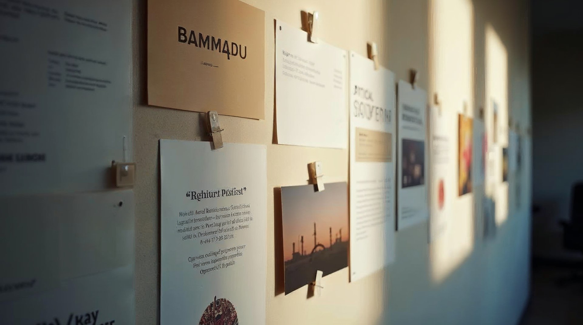 Studio wall pinned with brand touchpoint printouts, packaging and card mockups