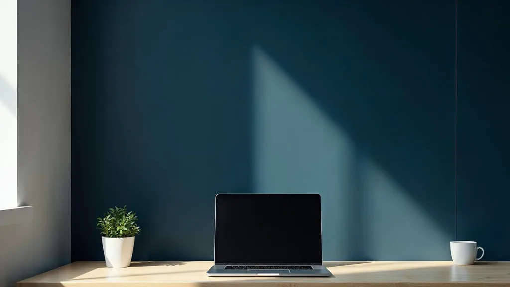 An empty modern desk with a closed laptop, a small potted plant and a plain ceramic cup in soft directional daylight against a deep navy wall, no people, no text, no signage