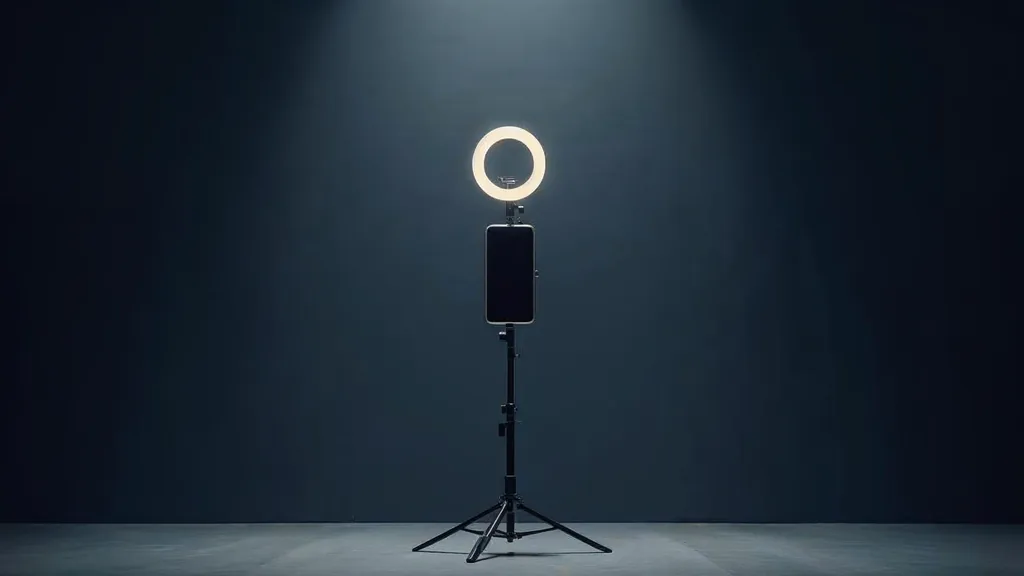 A vertical ring light and an empty phone tripod mount on a matte concrete surface under soft directional studio light against a deep navy background, no people, no text, no signage