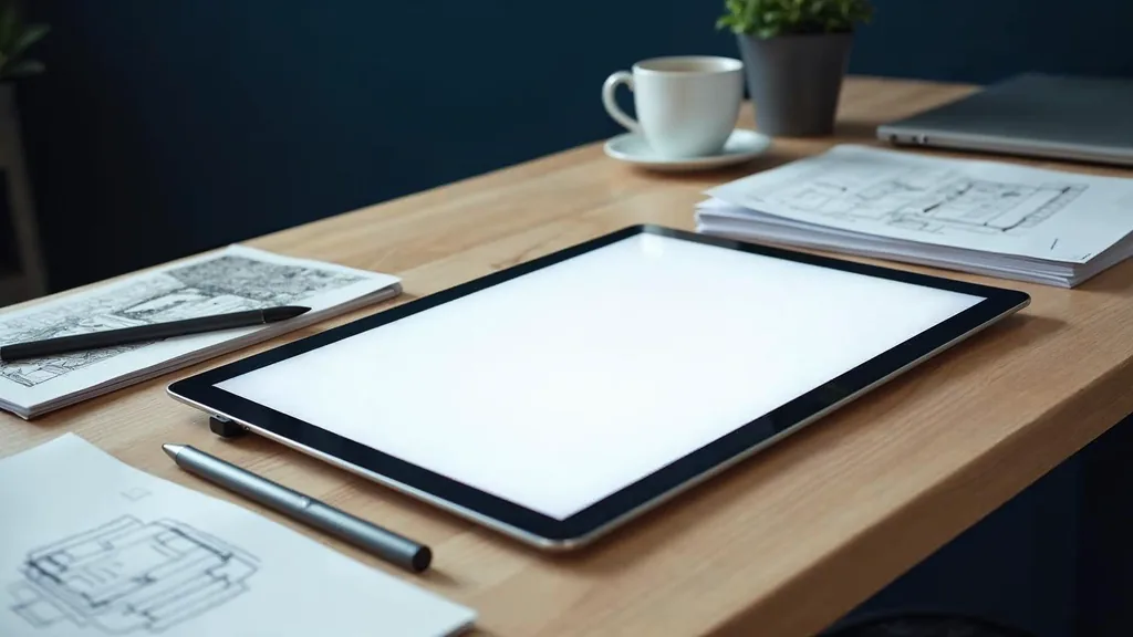 A designer workspace with a blank graphics tablet, a stylus and stacked blank paper wireframe sketches on a light oak desk in soft directional daylight against a deep navy background, no people, no text, no signage