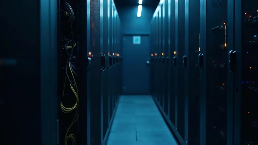 A server rack door slightly ajar with neat cabling in a dim data room under soft blue rim light against a deep navy background, no people, no text, no signage