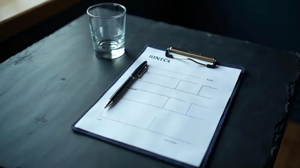 A blank clipboard with an unmarked survey sheet and a pen on a dark slate table beside a single empty glass under soft directional light against a deep navy background, no people, no text, no signage
