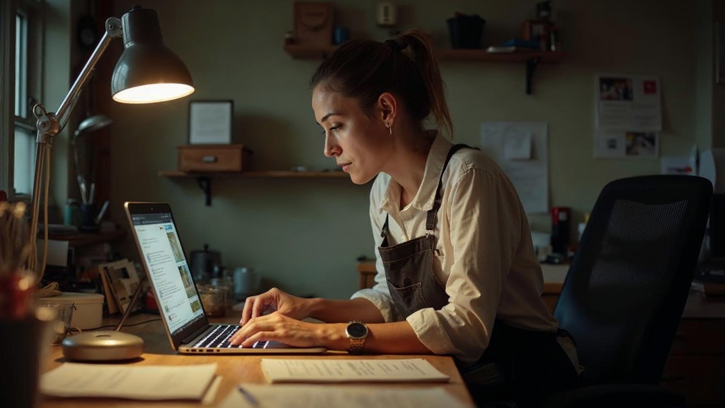 A small-business owner in an apron leaning over a laptop on a cluttered back-office desk late in the day, photographed in Riverside