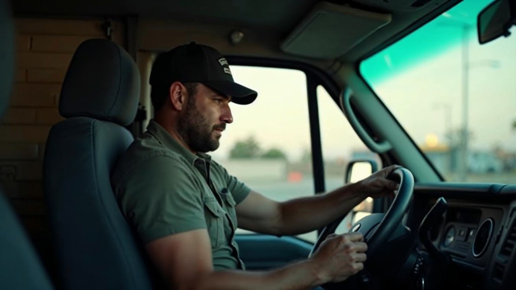 A contractor sitting in the cab of a work van reviewing a phone before driving off, photographed in Riverside