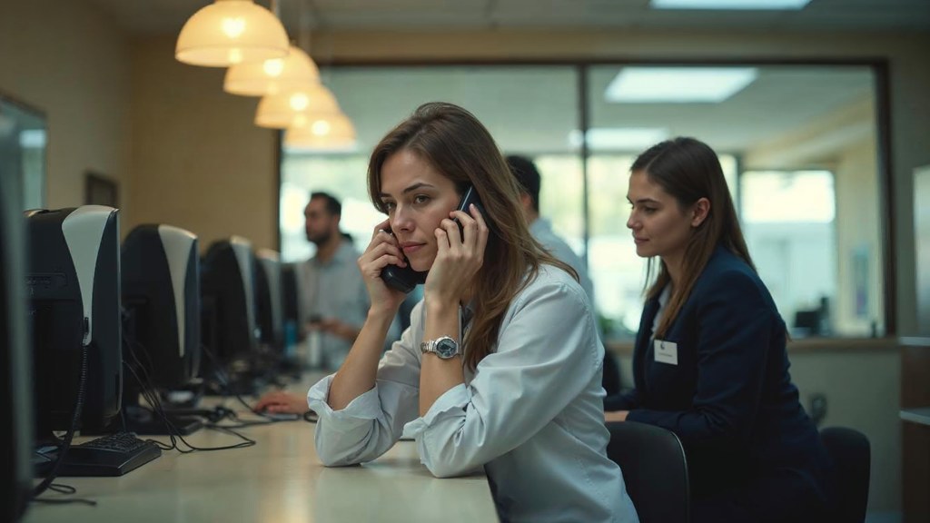 A clinic receptionist taking a phone call at a busy front desk with patients waiting, photographed in Riverside