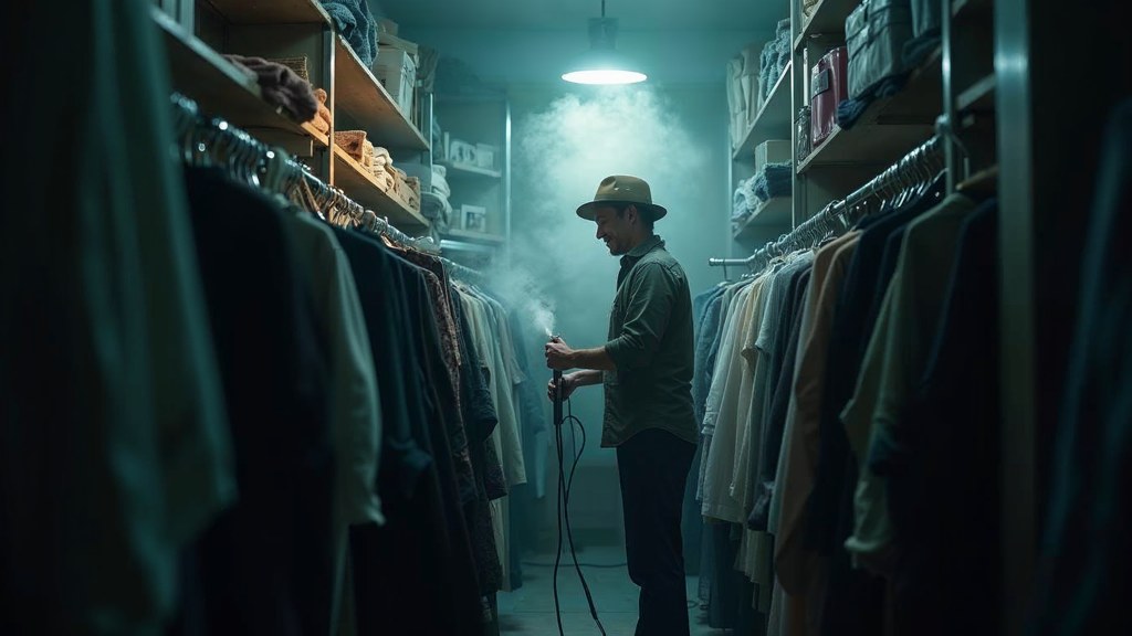 A boutique owner steaming garments in a narrow shop stockroom at opening time, photographed in Riverside