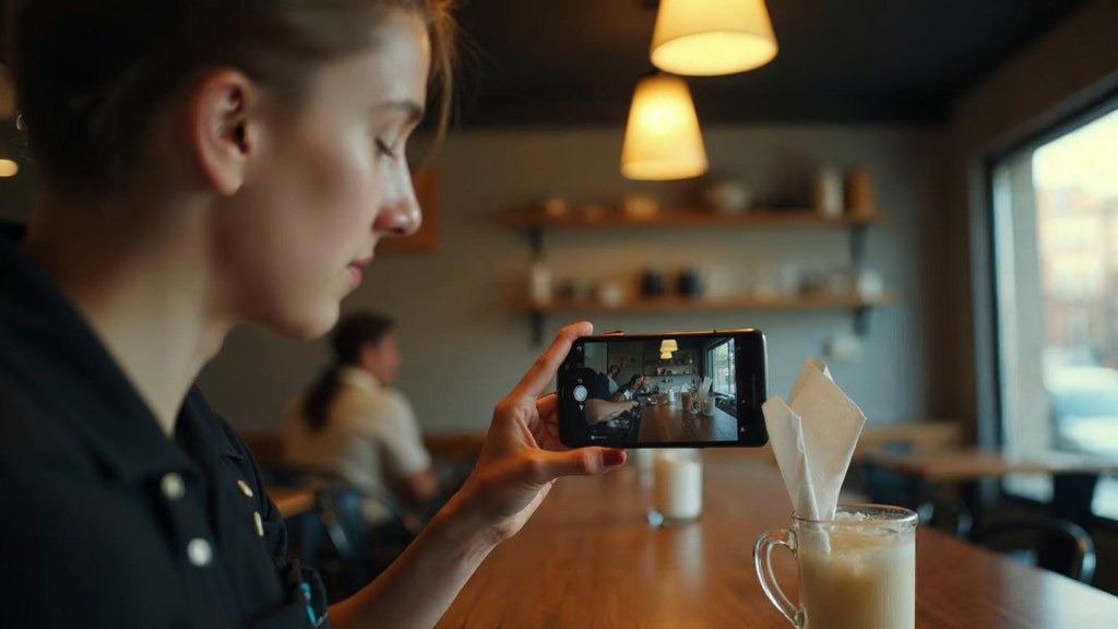 A young cafe worker filming a drink being poured on a phone propped against a napkin holder, photographed in Riverside
