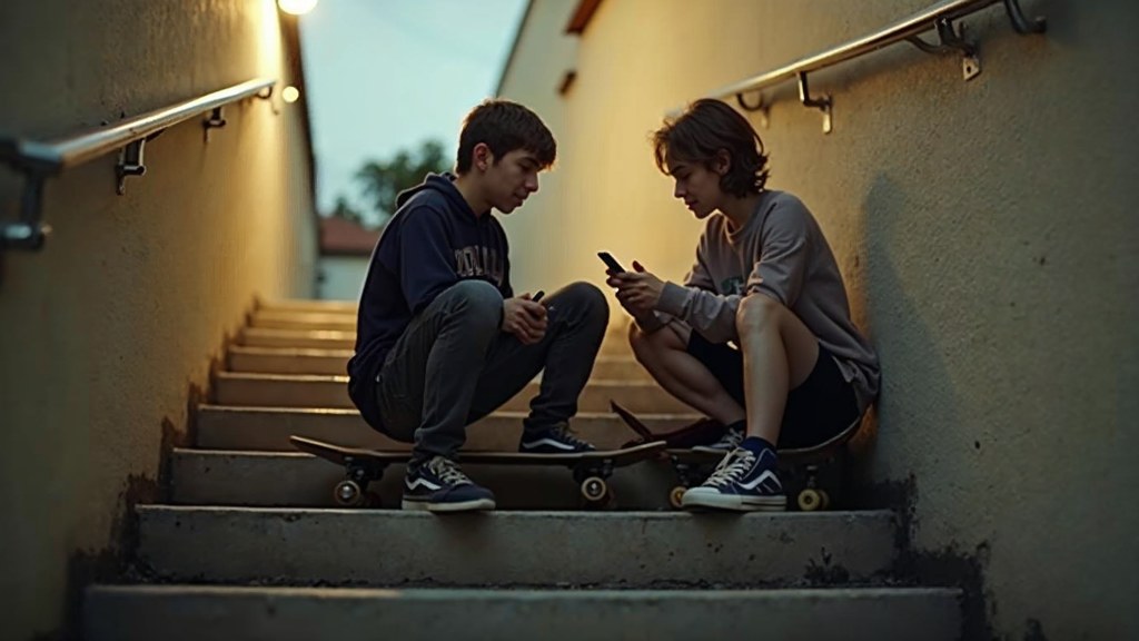 Two teenagers on skateboards looking at a phone on a set of concrete steps, photographed in Riverside
