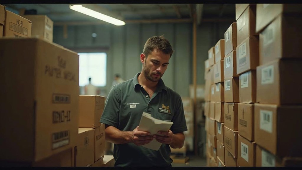A seller checking barcodes on stacked cartons in a garage stockroom, photographed in Riverside