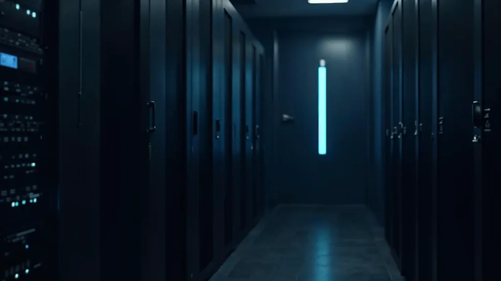 A closed matte black server rack door in a quiet dimly lit room with a single soft blue light strip, shallow depth of field, no people, no text, no signage