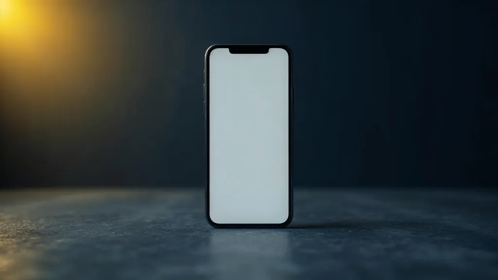 A blank unlit smartphone standing upright in vertical orientation on a dark concrete surface with a soft yellow rim light from the left, shallow depth of field, no people, no text, no signage