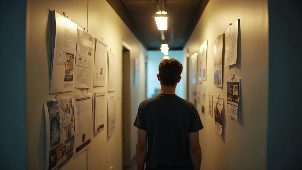 A media planner standing at a wall of printed layouts in a narrow agency corridor, photographed in Riverside