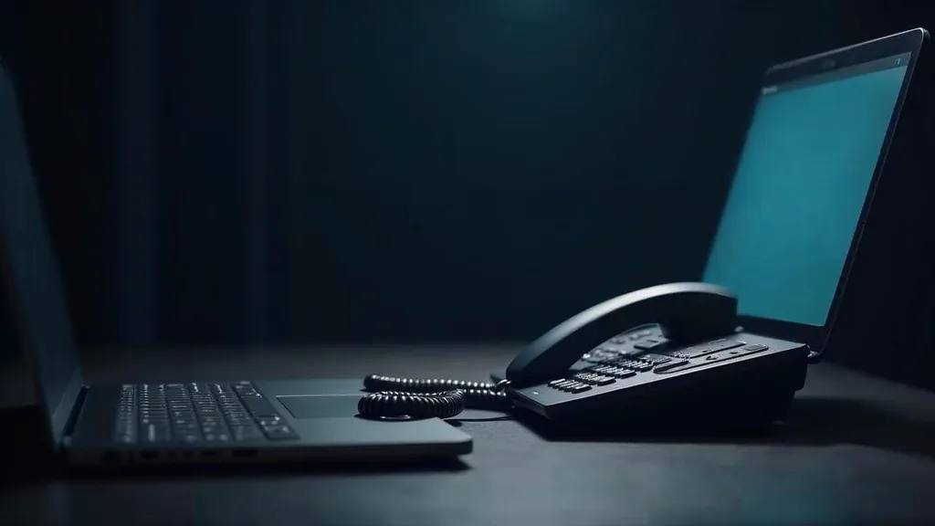 A desk telephone handset resting beside a closed laptop on a dark slate desk in soft directional daylight, shallow depth of field, no people, no text, no signage