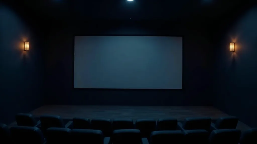 A dark empty home cinema room with a blank unlit wall-mounted screen and one soft warm lamp to the side, shallow depth of field, no people, no text, no signage