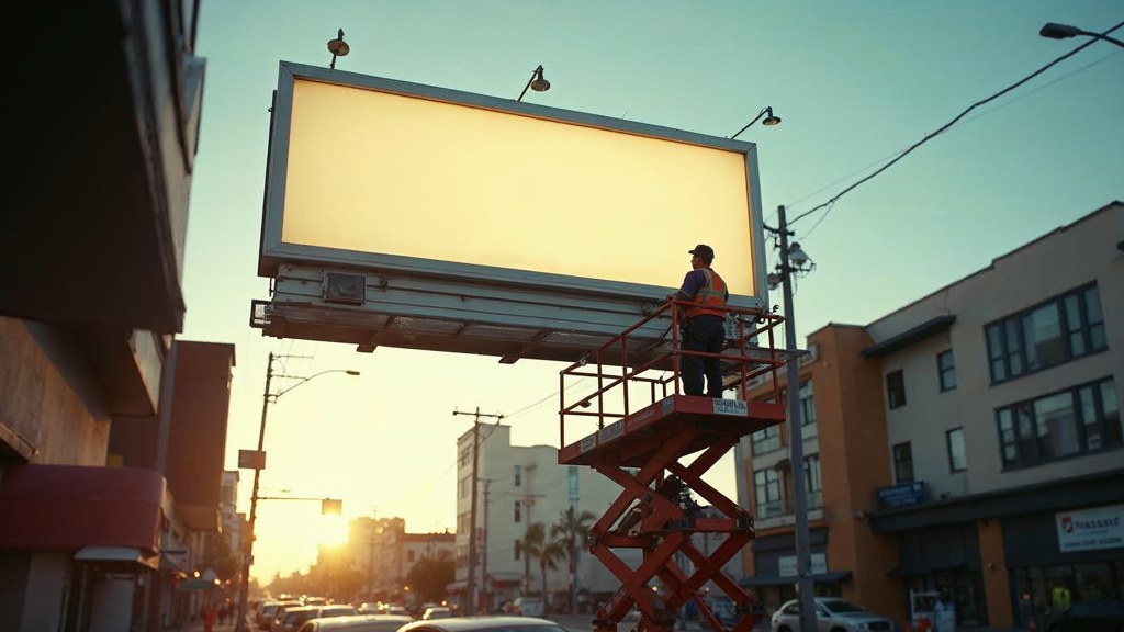 A crew member on a lift installing a blank billboard panel above a busy street, photographed in Riverside