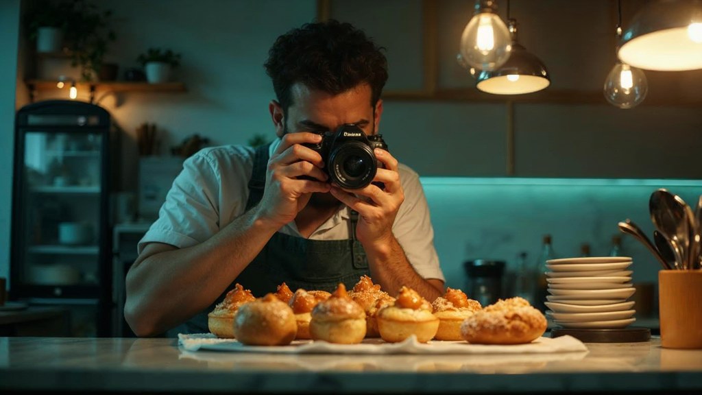 A bakery owner photographing a tray of pastries on a marble counter at dawn, photographed in Riverside