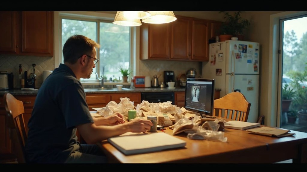 A customer filming an unboxing on a kitchen table strewn with packaging, photographed in Riverside