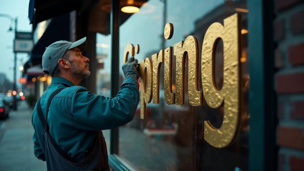 A sign painter finishing gold lettering on a shopfront window from the street side, photographed in Riverside