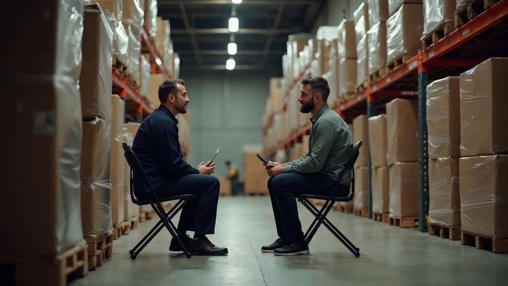 A warehouse supervisor interviewing a candidate on folding chairs beside stacked pallets, photographed in Riverside