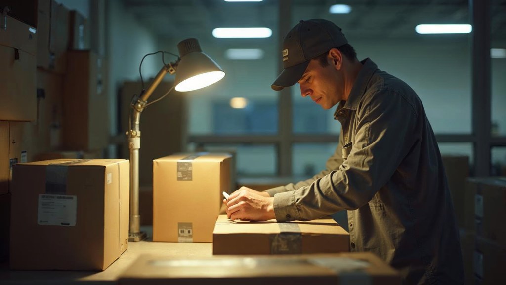 A warehouse worker taping shipping boxes under strip lighting in a small fulfilment room, photographed in Riverside