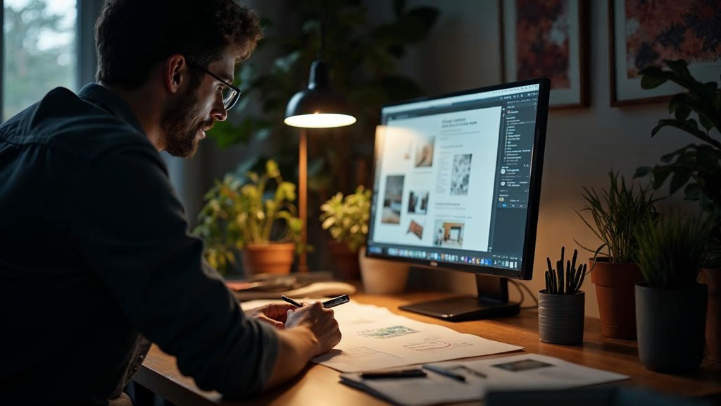 A studio designer sketching a page layout on paper beside a monitor in a dim room, photographed in Riverside