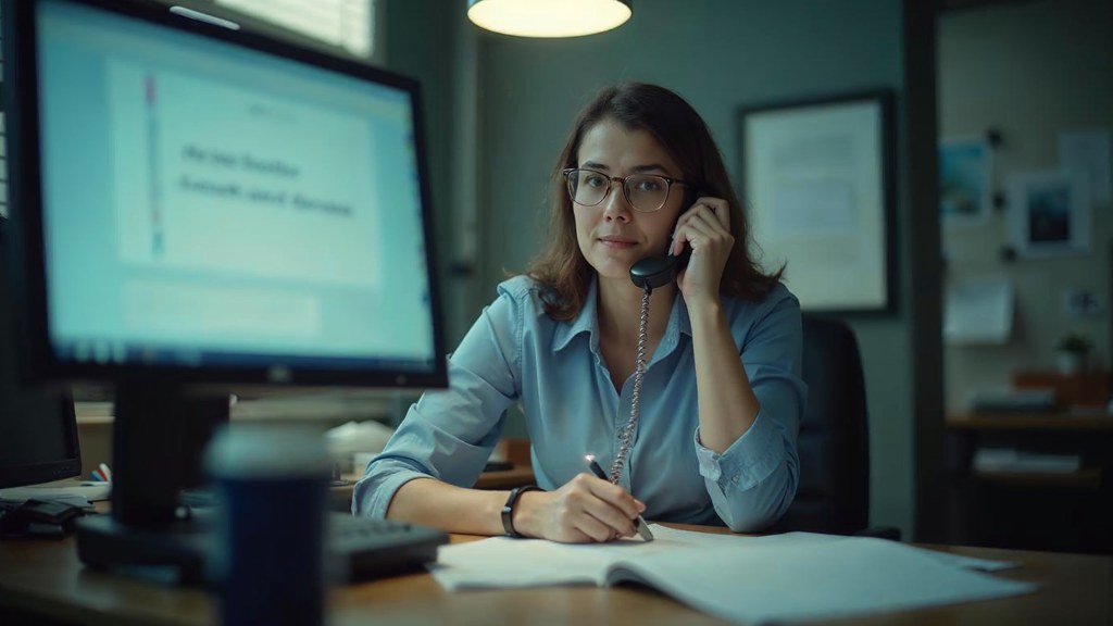 An office manager at a cluttered desk with a landline handset tucked under one ear, photographed in Riverside
