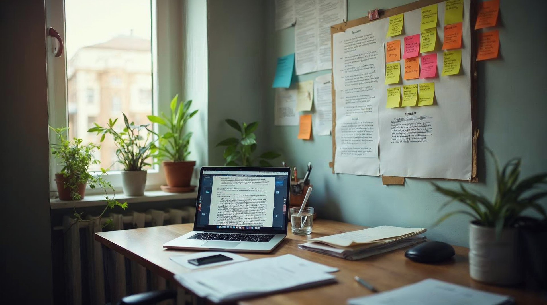 Editor's desk with a printed content calendar on the wall and a draft article on screen