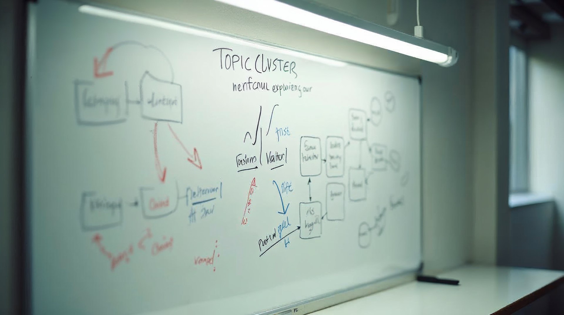 Whiteboard with a hand-drawn topic cluster diagram and a marker on the ledge