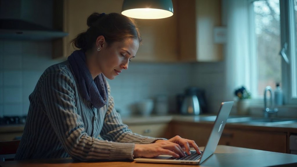 A service-business owner at a kitchen table typing a question into a laptop while a kettle steams behind, photographed in Riverside